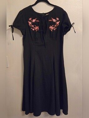 Timeless London Black Retro 40s 50s Midi Dress Embroidered Flowers Size 12